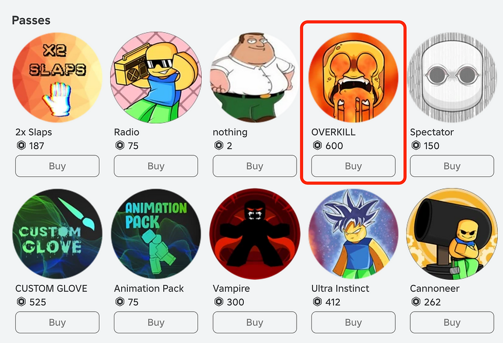 Passes and pricing on store page for Roblox game Slap Battles