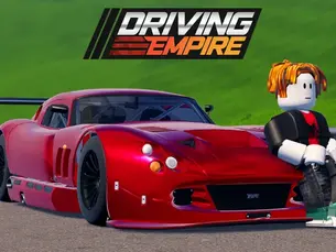 Red sports car with a Roblox-style character leaning on the front on a road, with Driving Empire logo overhead.