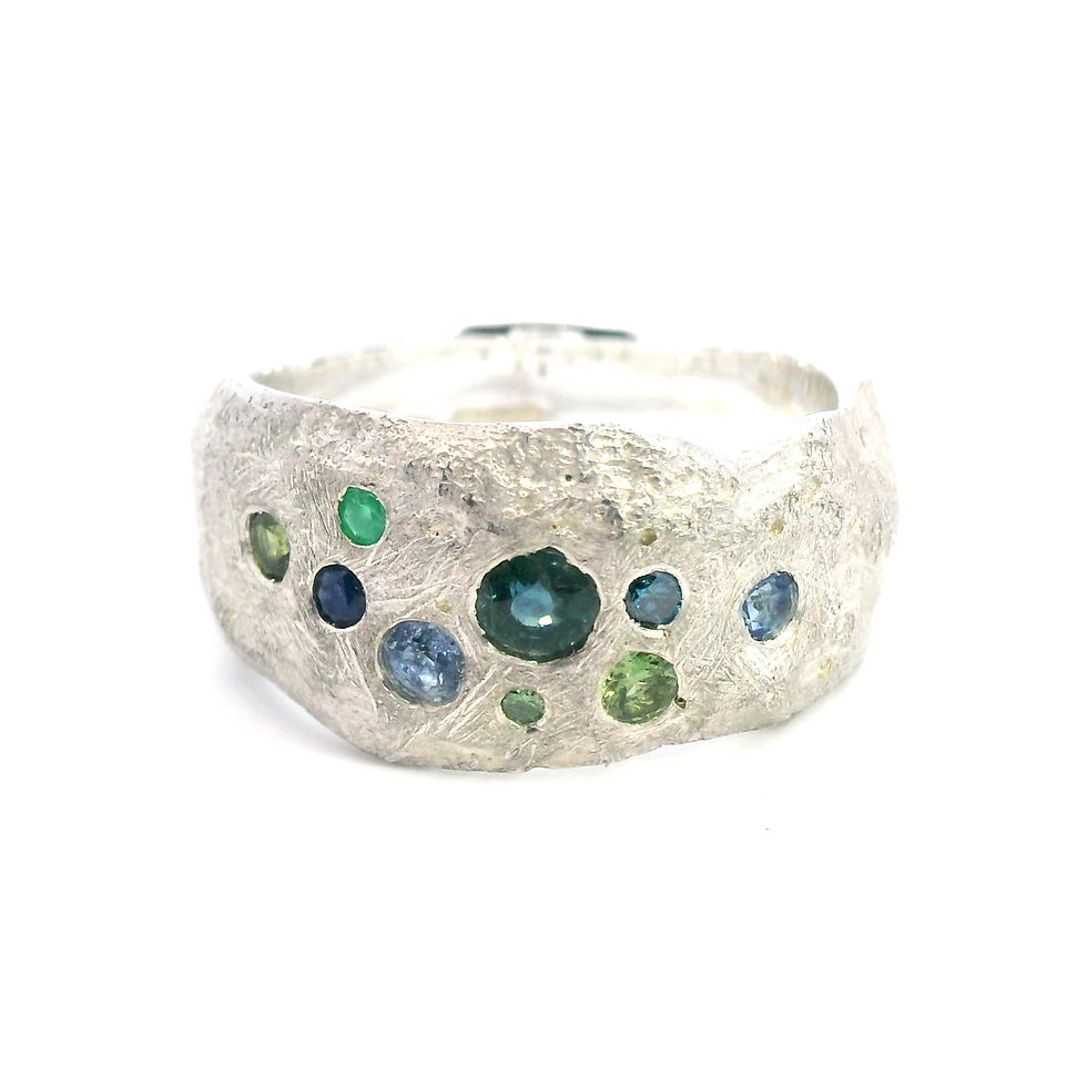 Sterling Silver Textured Band with Emerald, Sapphire & Diamond