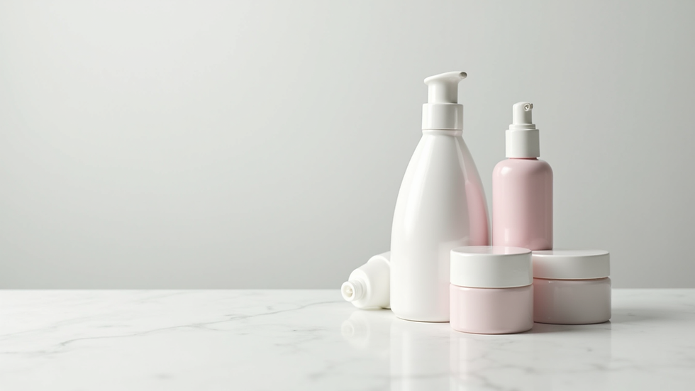 Close-up view of skincare products arranged neatly on a white surface