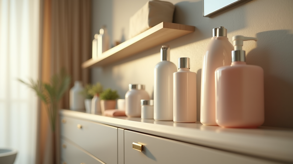 Eye-level view of hair care products on a bathroom shelf