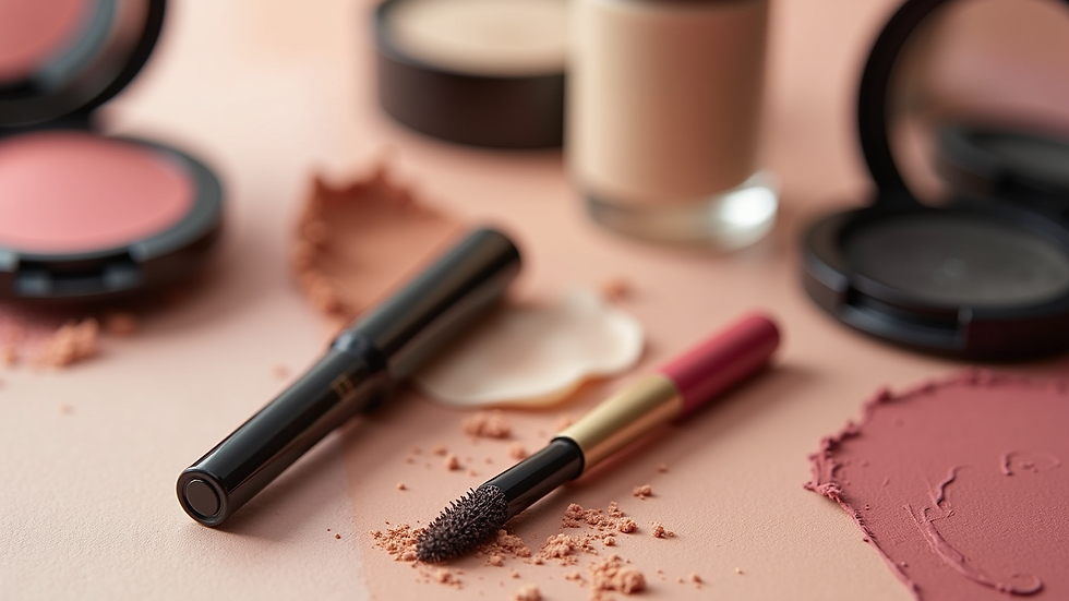 Eye-level view of makeup essentials including blush, mascara, and foundation