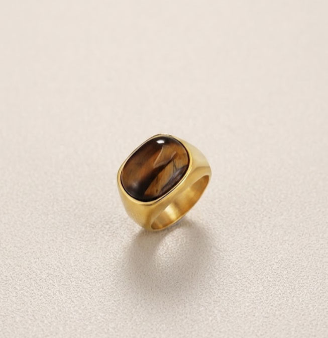 statement ring goud met bruine cateye ovale steen van world's finest bovenaanzicht