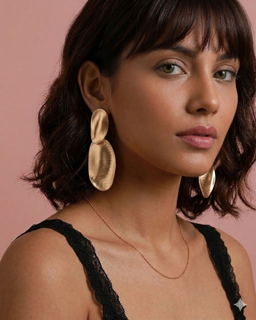 lange statement oorbellen in mat goud ovaal van world's  finest modelfoto