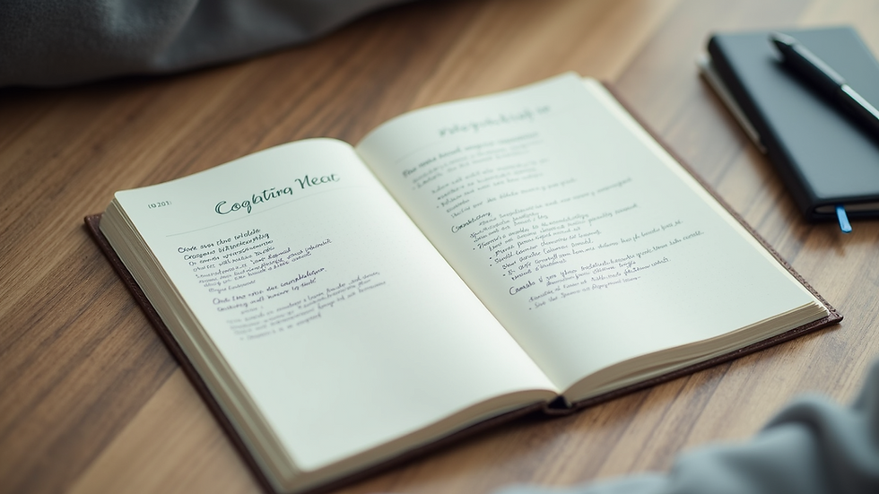 High angle view of a notebook with coaching and therapy notes side by side