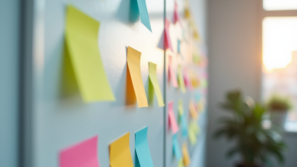 Close-up view of a whiteboard with colorful sticky notes arranged for a team brainstorming session