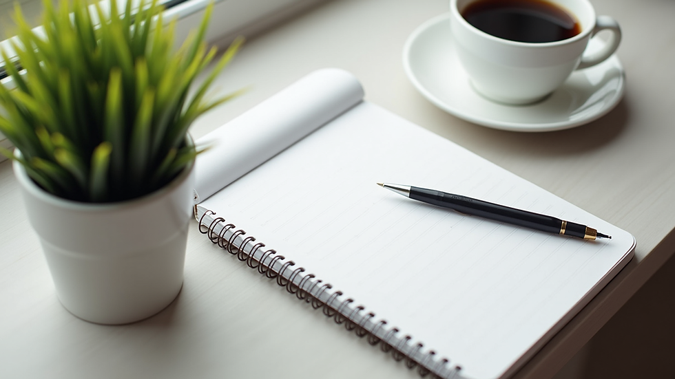 High angle view of a calm workspace with a notebook, coffee cup, and plant, symbolizing balance and clarity
