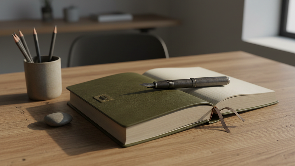 Close-up view of a journal and pen on a wooden desk
