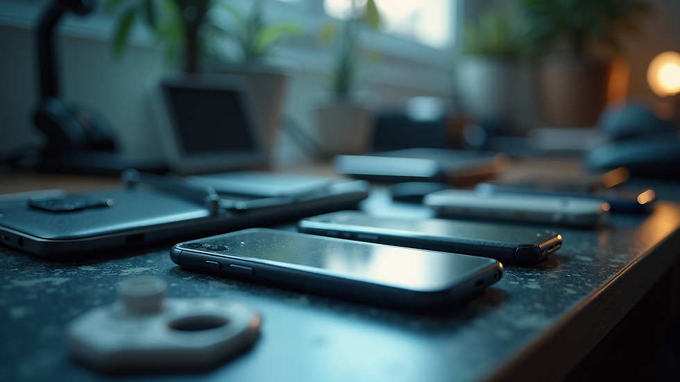 Close-up view of mobile devices in need of repair on a technician's countertop