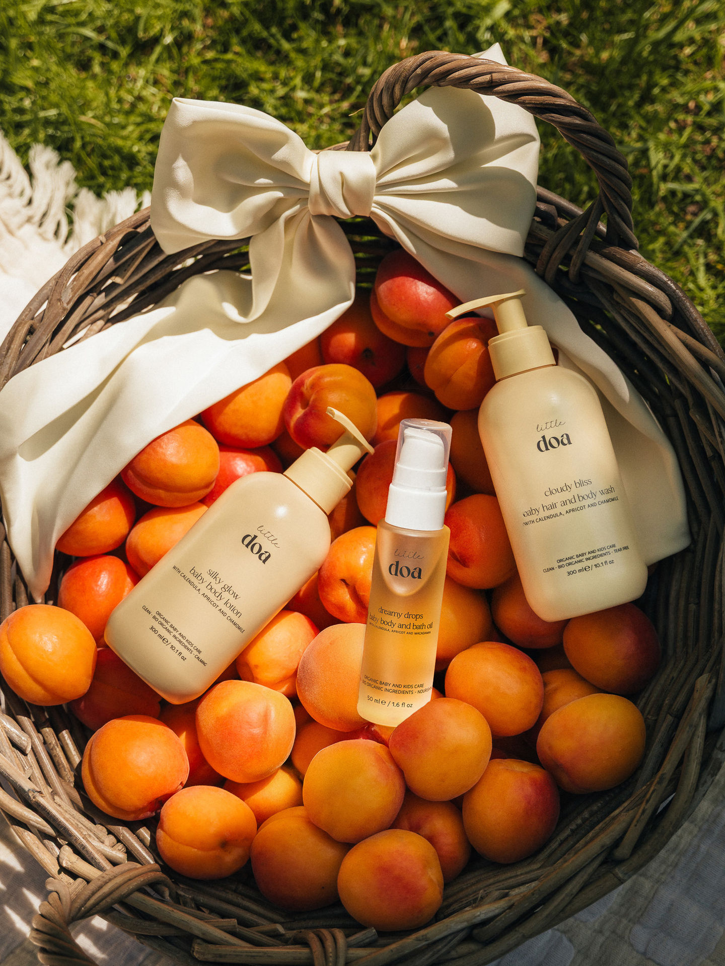 Basket with apricots and skincare products, outdoors.