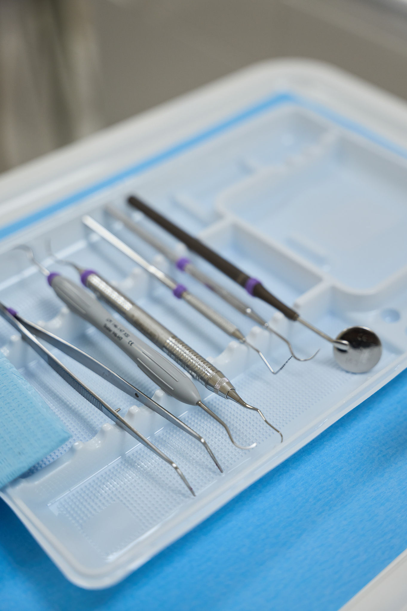 Dental tools arranged in a sterilization tray.