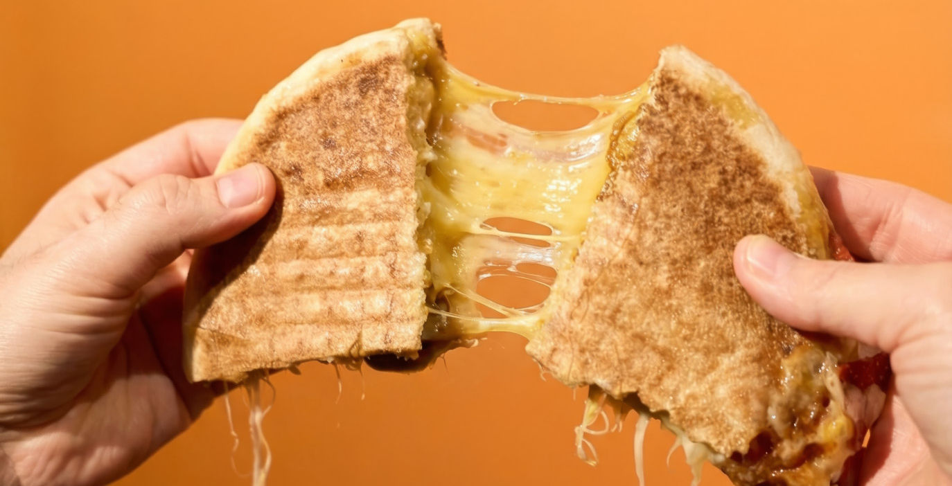 Hand dipping sandwich in sauce at a restaurant.