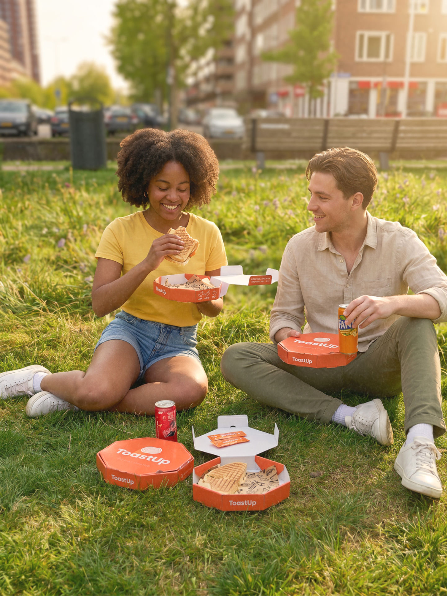 Two people enjoying pizza outdoors on a sunny day.