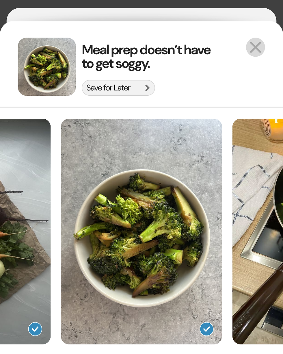 Closing graphic with a social media save-style design showing a bowl of cooked broccoli. Text reads, “Meal prep doesn’t have to get soggy. Save for Later.”