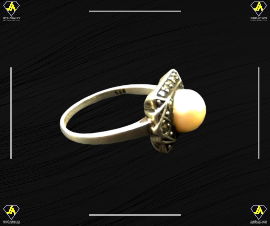 Miniatura: a101 Anillo de plata calidad 920 con perla original y piedras negras
