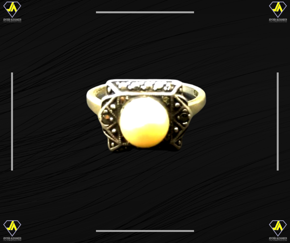 a101 Anillo de plata calidad 920 con perla original y piedras negras