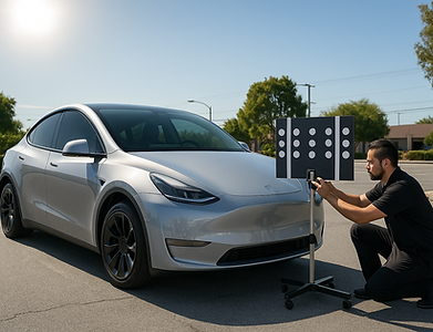 alt="Front window tint Fremont installation on Tesla Model Y at Lucaz Window Tinting, ADAS calibration ensures safe driving with premium ceramic films"