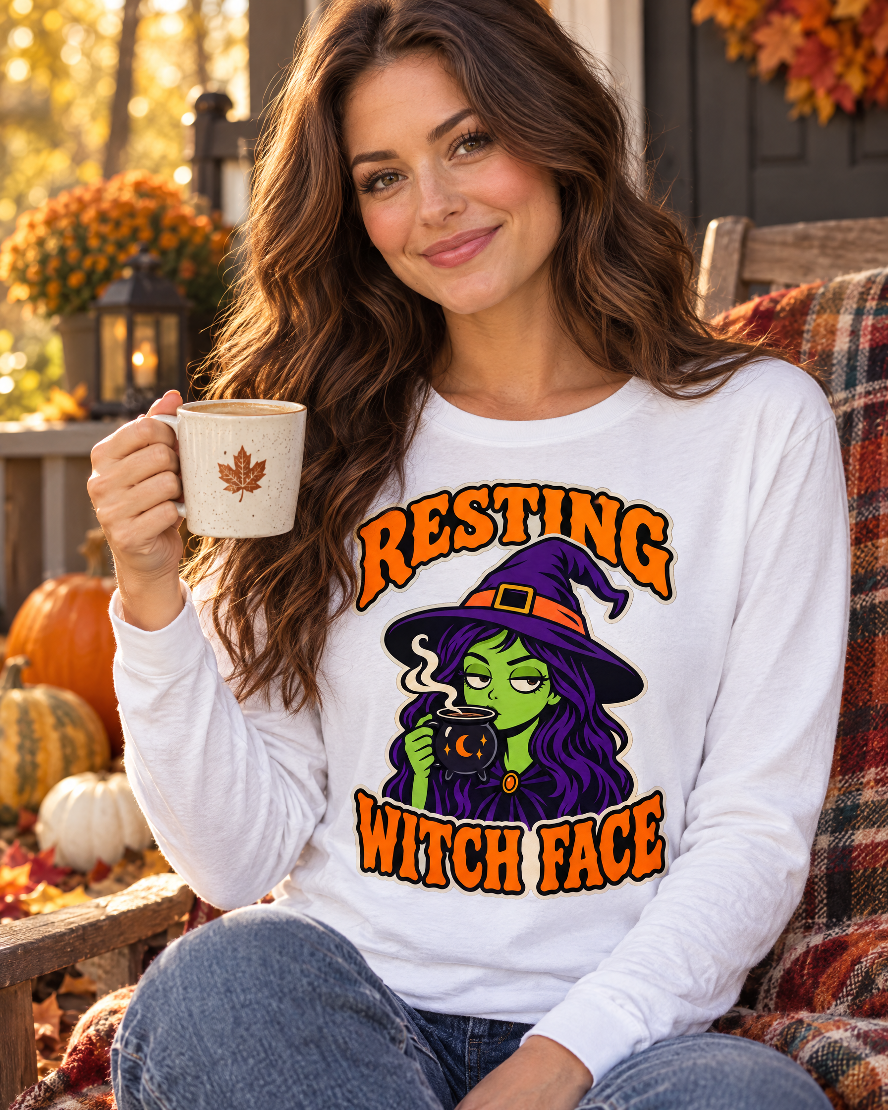 Resting Witch Face Long Sleeve Tee | Halloween witch graphic