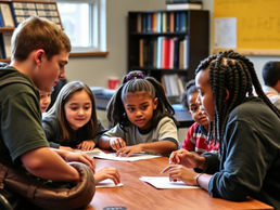 diverse students at a desk working