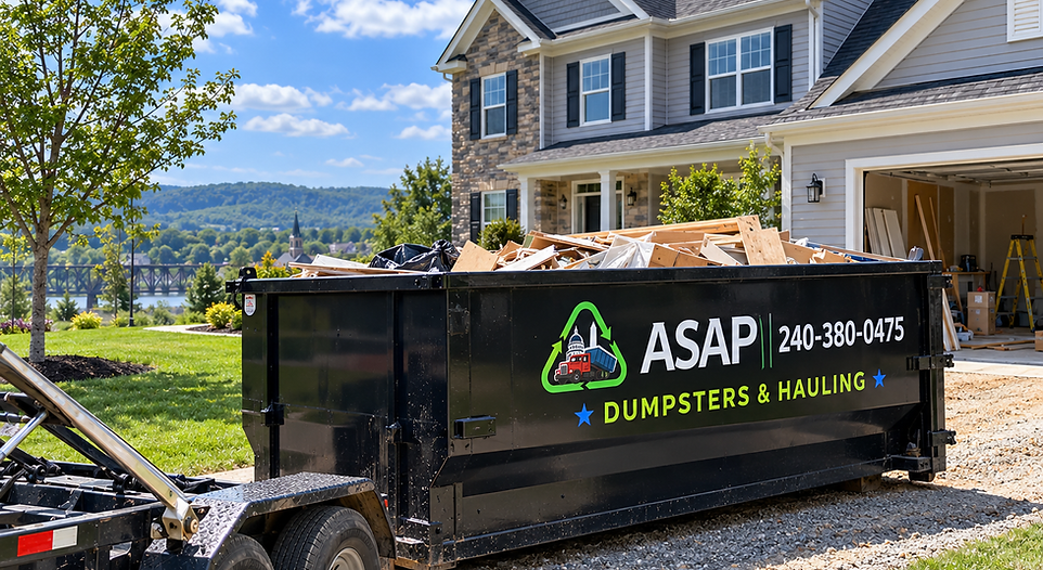 ASAP Dumpsters & Hauling branded dumpster at a residential renovation project in Brunswick, MD
