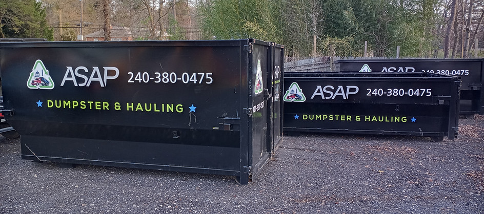 Branded ASAP Dumpsters & Hauling containers displayed in Maryland for fast, affordable junk removal and dumpster rental services in the DMV area