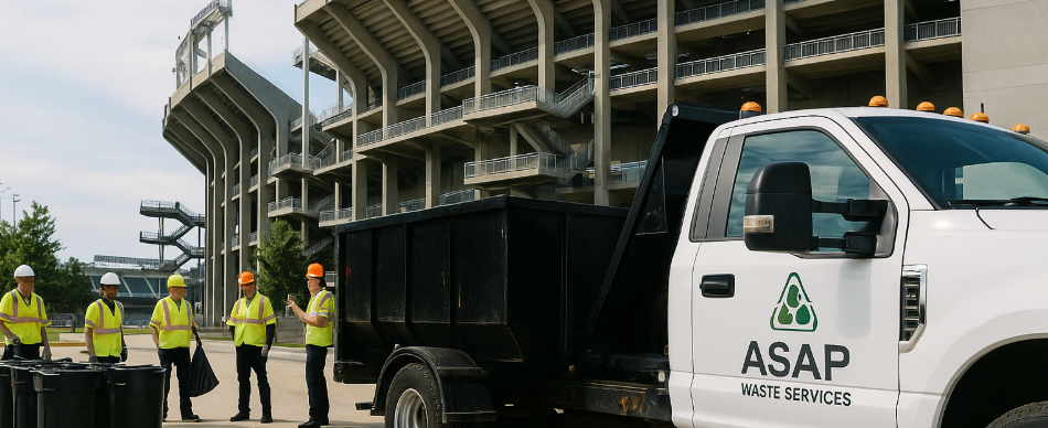 ASAP Waste Services crew coordinating custom waste solutions outside a large stadium, featuring a white dump truck with compa