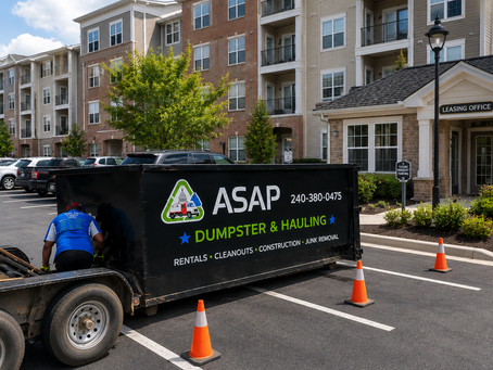 ASAP Dumpsters & Hauling roll-off dumpster placed at a Maryland apartment community for property management, HOA cleanup, and multifamily renovation projects.