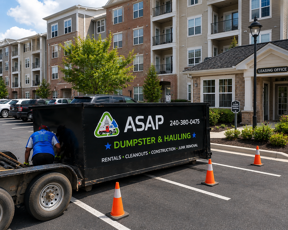 ASAP Dumpsters & Hauling roll-off dumpster placed at a Maryland apartment community for property management, HOA cleanup, and multifamily renovation projects.