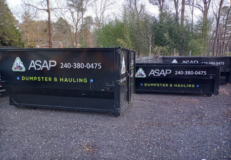 ASAP Dumpsters roll-off dumpster rental at a residential project in Pasadena, Maryland for renovation debris and junk removal.