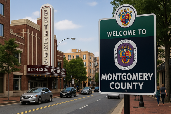 Street view in Bethesda, Maryland featuring the Bethesda Theater and a “Welcome to Montgomery County” sign, representing ASAP Waste Services’ waste management, recycling, and commercial cleanup services across Montgomery County.