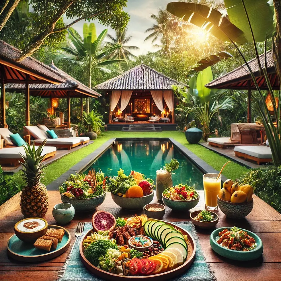 Tropical setting with a pool, lush greenery, and a table of vibrant, fresh food. Inviting mood with sunlight filtering through trees.