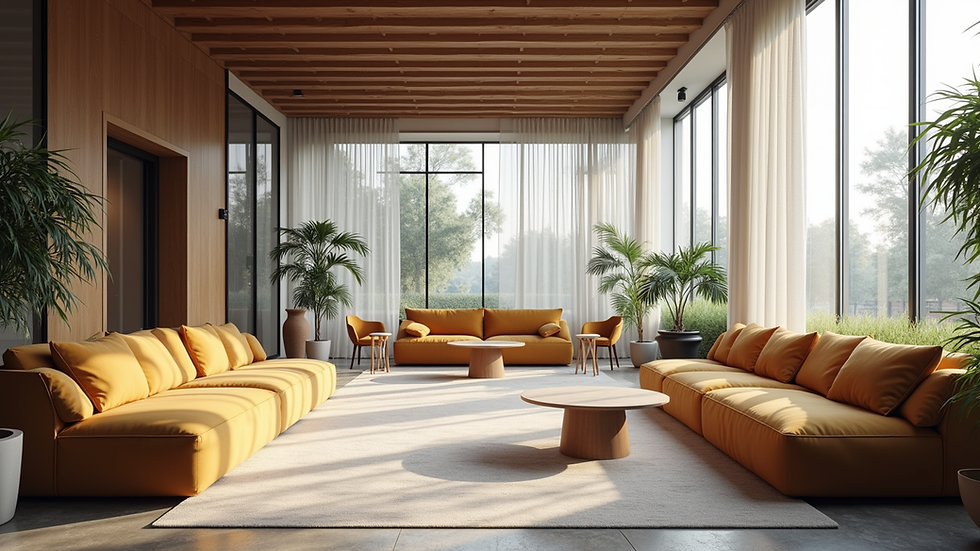 Wide angle view of a contemporary office lounge with luxury seating and natural light