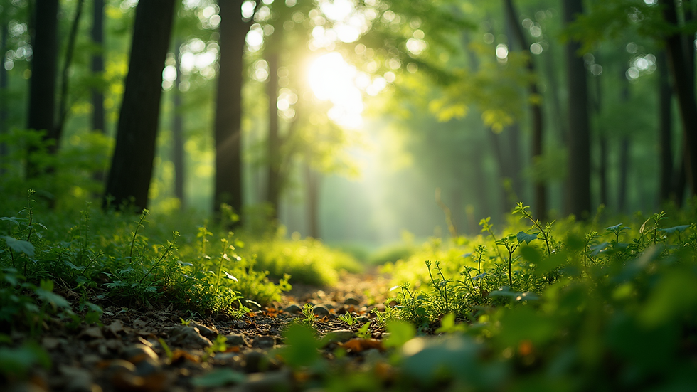 Eye-level view of a lush green forest with sunlight filtering through the leaves