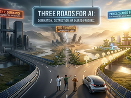 A high-contrast photo of a three-way road fork in a futuristic landscape, with one path glowing with golden light.