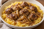 Mini Meatballs with Onion Gravy over Spaghetti Squash