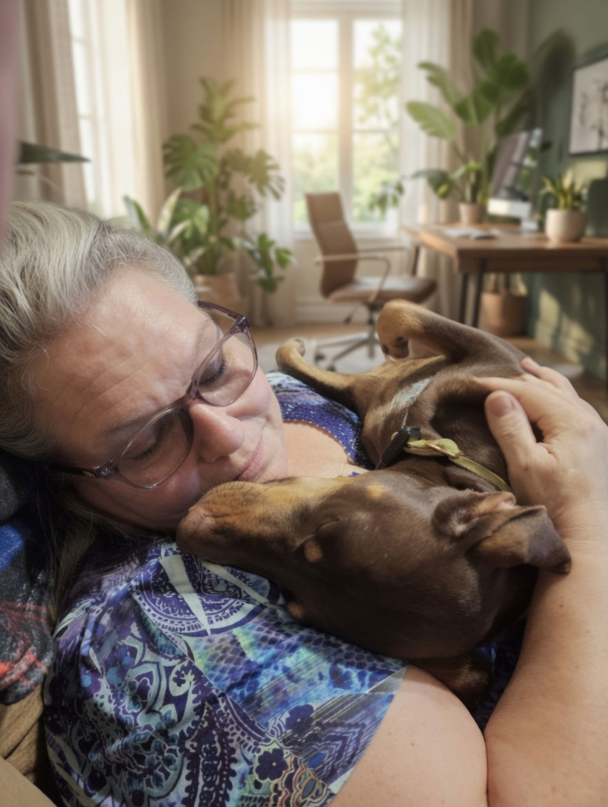 Dorothea cuddling with her brown dog in a cozy home office, soft natural light, warm landscape