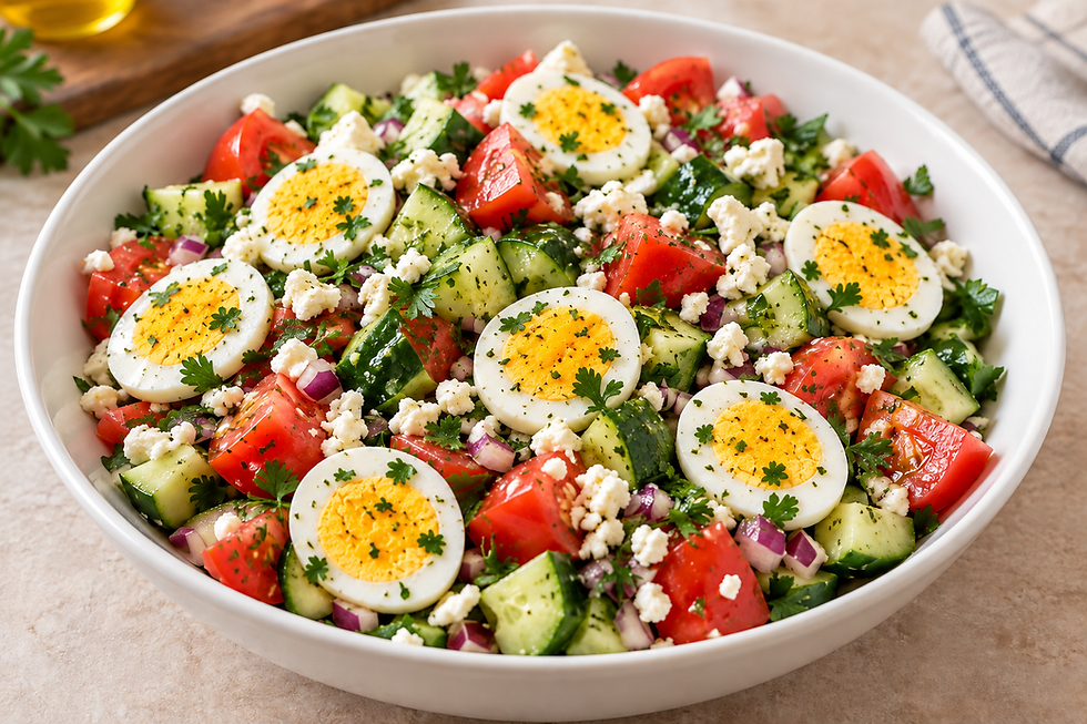“AI-generated image of Mediterranean Style Salad with Eggs and Feta.”