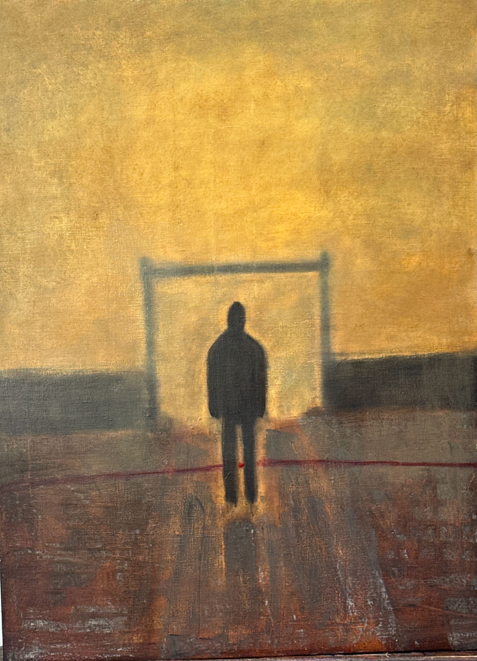 A Stranger at the Gate presents a solitary figure before a luminous threshold. The gate appears as atmosphere rather than structure, a rectangle of diffused light suspended against a muted gold sky.

Layered reds and earthen browns ground the scene, marked by a thin red line at the figure’s feet—a subtle boundary charged with meaning. The stranger stands still, neither entering nor retreating.

The work holds the moment before decision, where crossing begins as awareness rather than action.