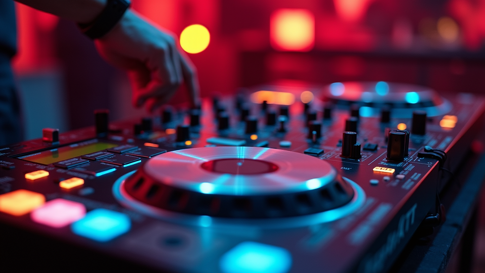Vue rapprochée d’une table de mixage DJ avec des platines et des boutons lumineux