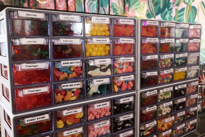 Candy assorted into different categories on a wall