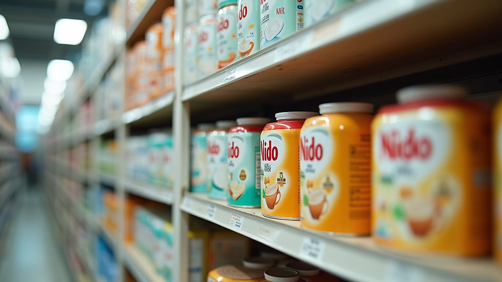 Eye-level view of a shelf stocked with various sizes of Nido milk powder containers