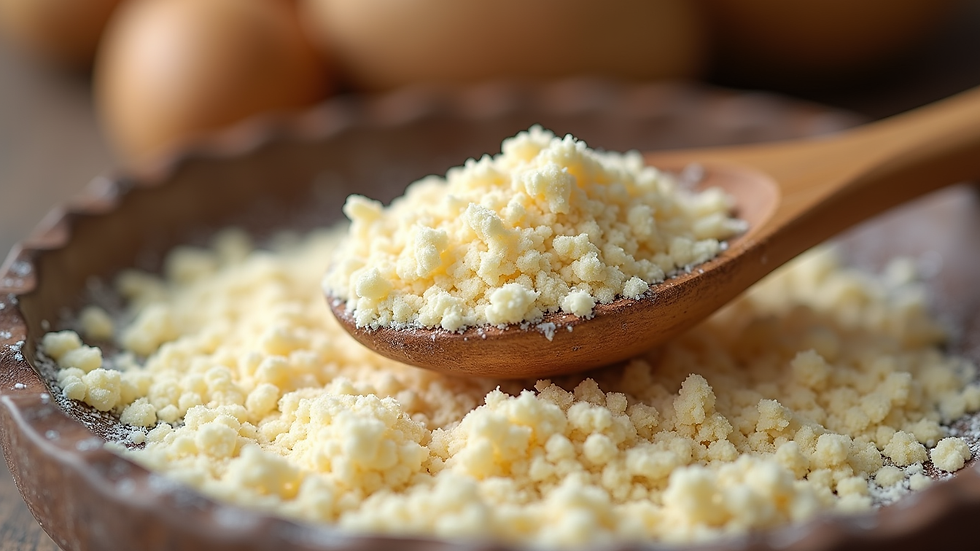 Eye-level view of a wooden spoon scooping semolina flour from a bowl