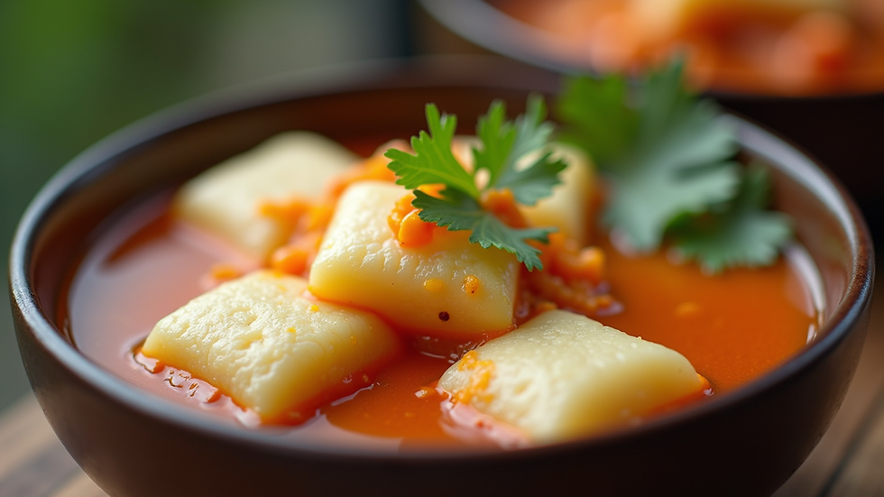 Close-up view of a bowl of freshly cooked fufu with soup