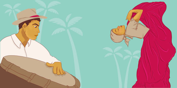 A Bomba dancer in a traditional skirt and a drummer playing a subidor primo drum in a dynamic call-and-response exchange.