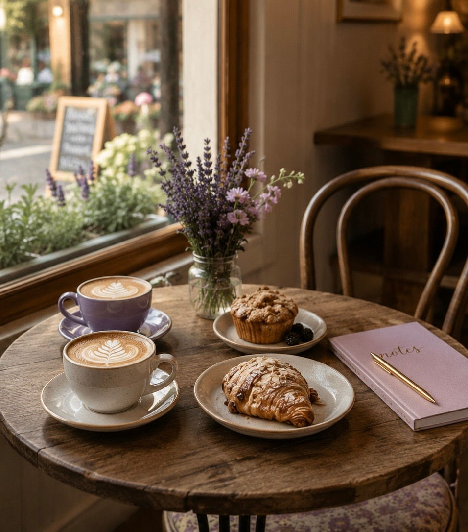Coffee and pastries served at a cozy cafe and bakery