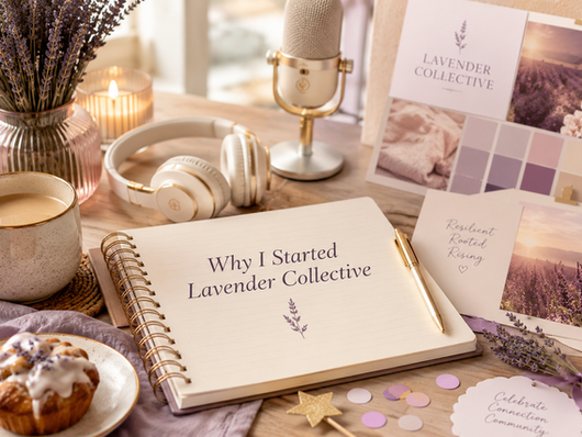 Lavender Collective brand workspace with lavender flowers, coffee, microphone, journal, and creative materials