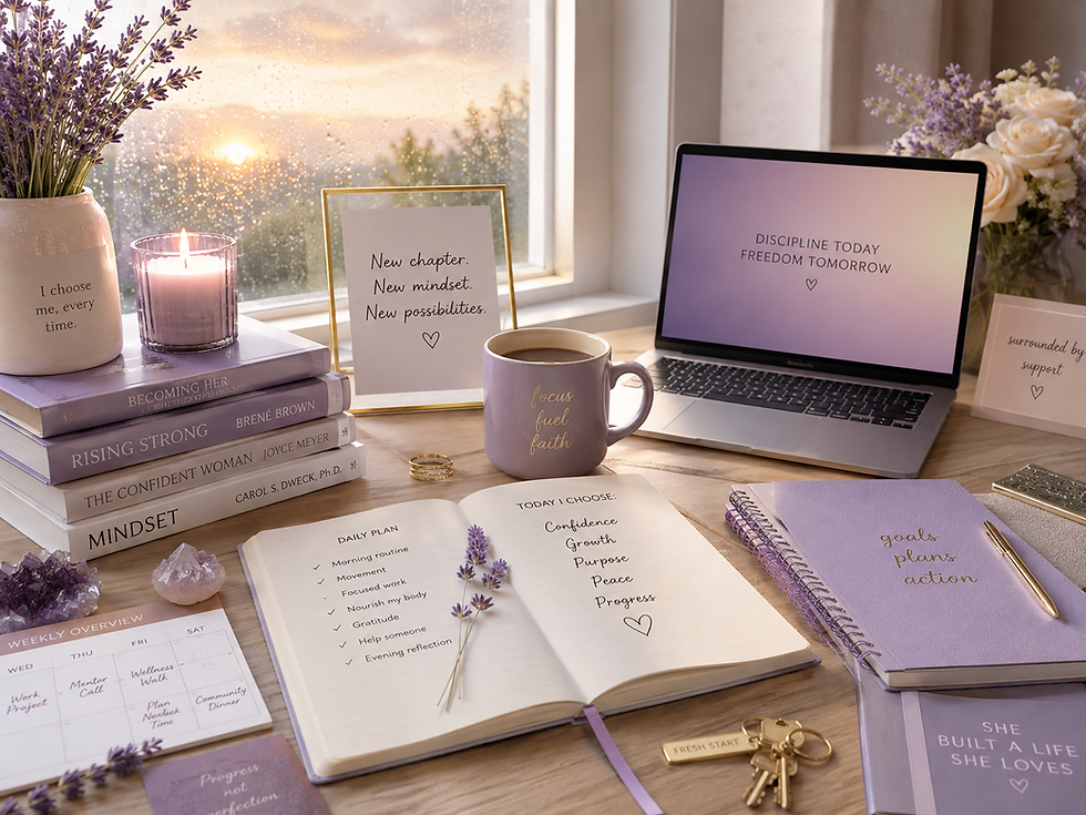 Domestic abuse recovery planning workspace with notebook, resources and warm lavender accents