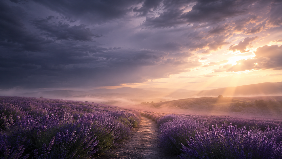 Storm clouds breaking into sunlight over a lavender landscape, representing hope after abuse