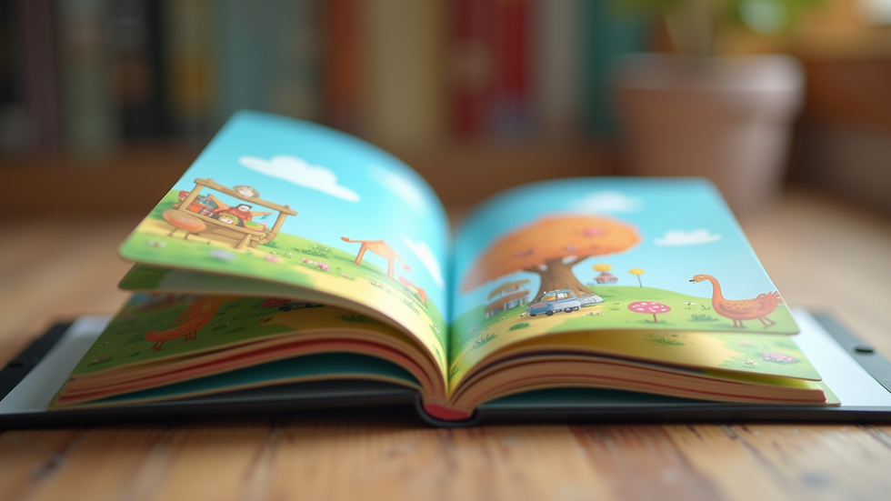 Eye-level view of a colorful children's book open on a tablet