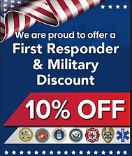 advertisement with mainly a dark blue background with American Flag and images of military and first responder logos